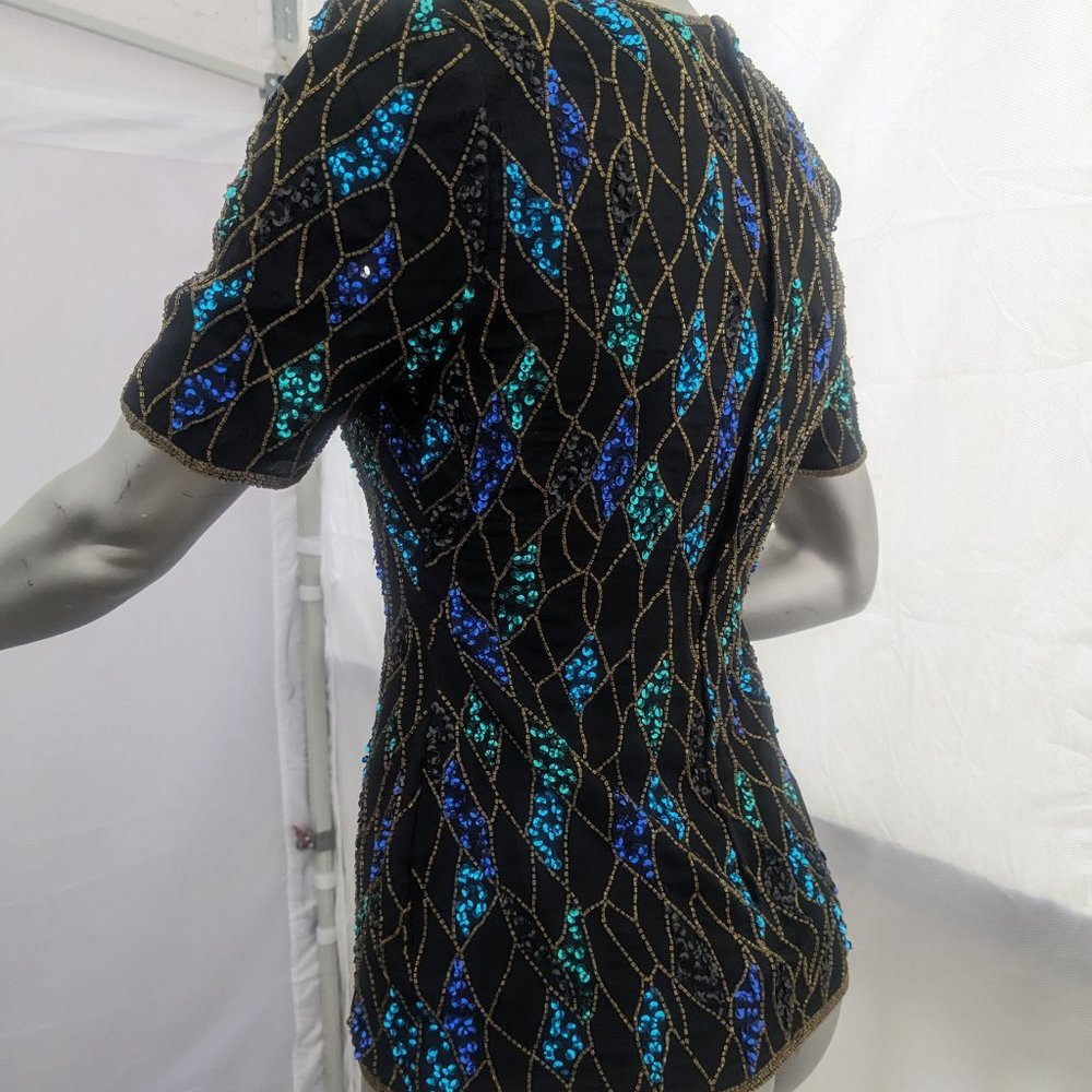 Scala 100% Silk Short Sleeve Beads & Sequins Top